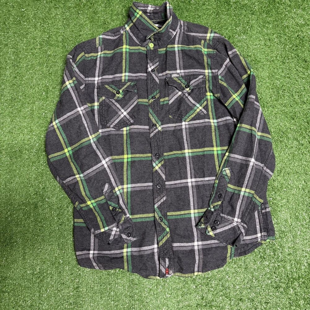NO FEAR Plaid Button‑Up Men’s Small Black Green Y2K Skate Shirt